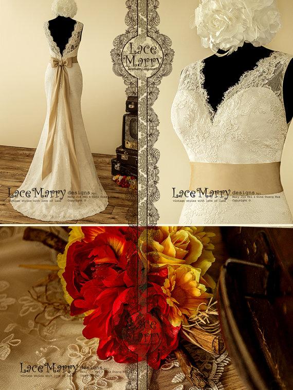 Mariage - Sexy V-Neckline and Deep V-Cut Back Lace Wedding Dress with Sweetheart Satin Underlay Featuring Long Taffeta Removable Sash and Sweep Train