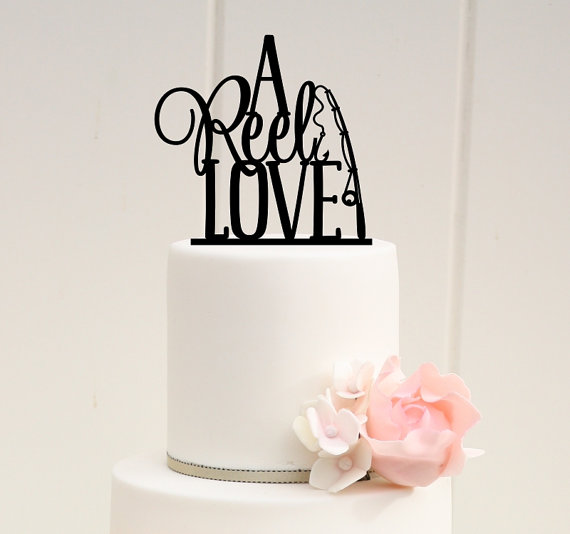 Hochzeit - A Reel Love Fishing Wedding Cake Topper - Custom Cake Topper