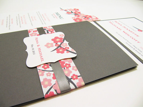 Hochzeit - Cherry Blossom Wedding Invitation Suite, Pocket fold in Gray - Sample