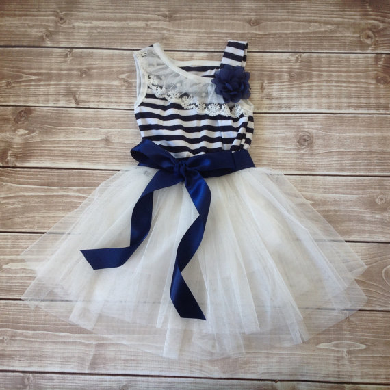 Navy White Toddler Girl Dress Nautical Dress Flower Girl Dress