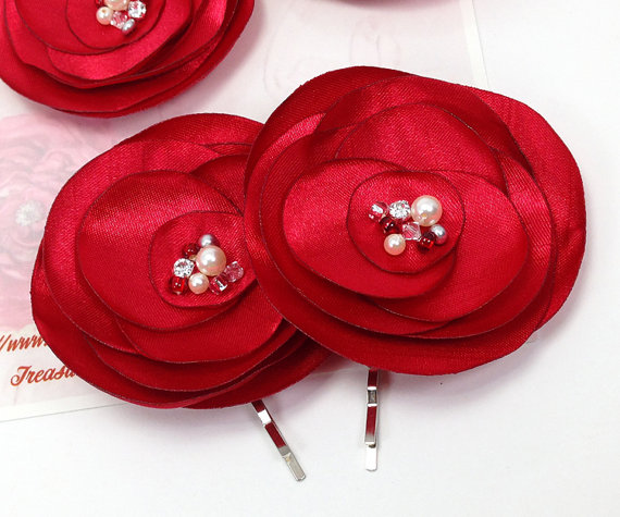 زفاف - Red Hair Clips - Shoe Clips Brooch Pin Bridal Hair Flower Pins - Wedding Bridesmaid, Flower Girl, Special Occasion, Photo Prop