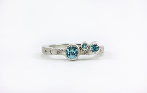 زفاف - Natural Blue Zircon and Conflict Free Diamond Ring - Engagement Promise Mothers Ring - Sterling Silver, 14k Palladium White or Yellow Gold