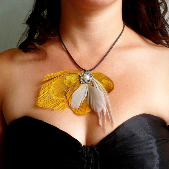 Wedding - Peacock Necklace in Golden Yellow and Grey Peacock Feathers - SUMMER - Asymetrical Peacock Bib Necklace