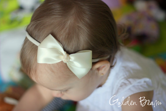 Hochzeit - Baby Girl Bows - Ivory Sweet Satin Bow Handmade Headband
