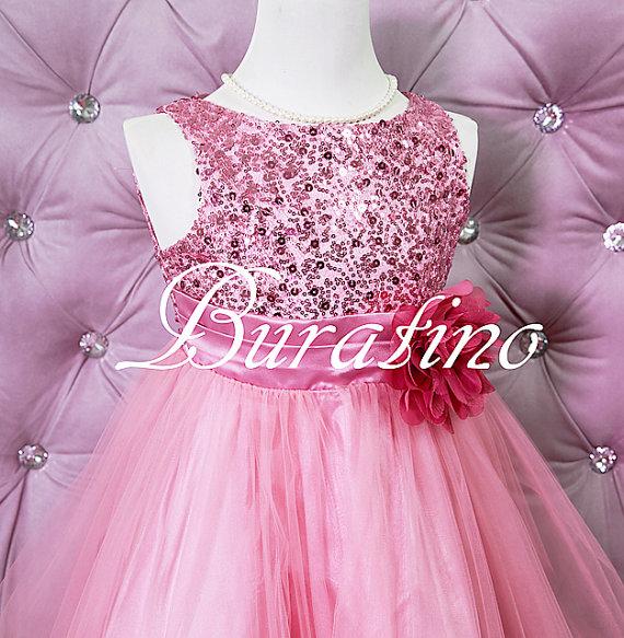 زفاف - Flower Girl  Dress Dusty Rose/Pink Sequin Double Mesh Flower Girl Toddler Wedding Special Occasion Dress (ets0155dr)
