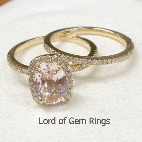 Hochzeit - Wedding Ring Sets!Claw Prongs Oval Cut Pink Morganite with Halo Diamonds Engagement Ring,14K Yellow Gold Bridal Promise Ring