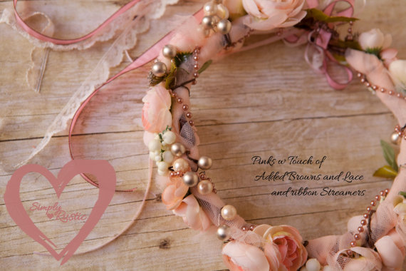 Hochzeit - Vintage Blush Peachy Pinks Floral head wreath ANY size Vintage Rustic Charm -sweetly romantic headband for weddings,Events, studios