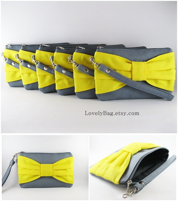 Wedding - SUPER SALE - Set of 4 Gray with Yellow Bow Clutches - Bridal Clutches, Bridesmaid Clutch,Bridesmaid Wristlet,Wedding Gift - Made To Order