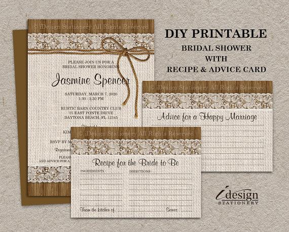 Свадьба - Rustic Burlap And Lace Bridal Shower Invitation With Recipe Card And Wedding Advice Card, DIY Printable Digital Files