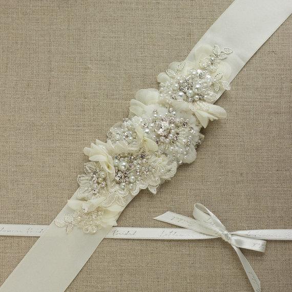 Mariage - Wedding dress belt 3D Lace sash Lace belt Rhinestone sash bridal belts bridal sahes IVORY applique sash crystal sash floral sash Lace belt