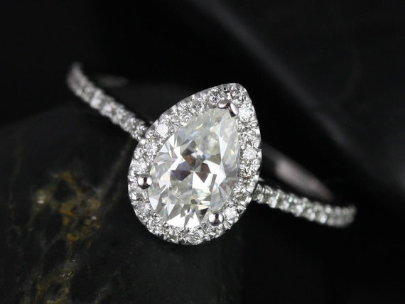Mariage - Tabitha 8x5mm 14kt White Gold Pear FB Moissanite and Diamonds Halo Engagement Ring (Other metals and stone options available)