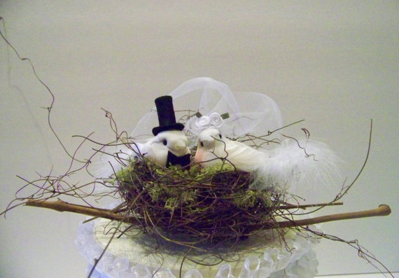 Wedding - Wedding Cake Topper-Birds and Twig Nest- Bride and Grooms' Cake