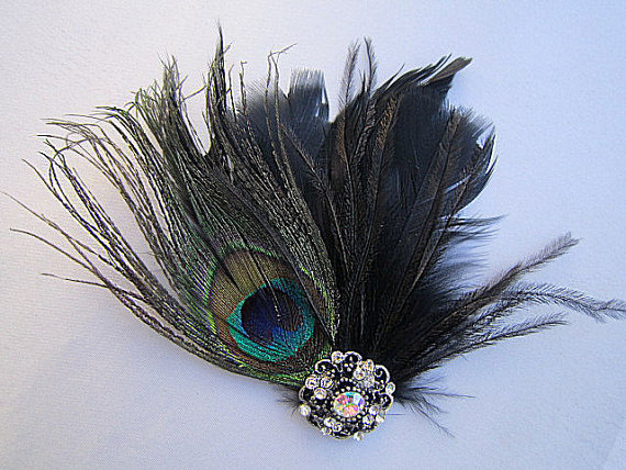 زفاف - Peacock Black Fascinator Hair Clip -Petra- Clear Black Rhinestone Ostrich Feathers Spray