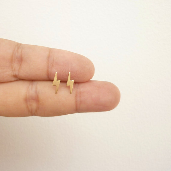 Hochzeit - Teeny Tiny Gold  Lightning Bolt Stud Earrings Bridesmaid Gift. Minimal Jewelry Stainless Steel Posts or 925 Sterling Silver Post