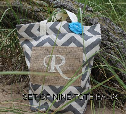 Hochzeit - 9 Personalized Bags - Bridesmaid Tote Bags - Gray Chevron Bags - Beach Tote Bags - Rustic - Sale