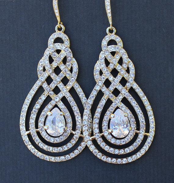 Wedding - Gold Crystal Pave Swirl Bridal Chandelier Earrings, Vintage Art Deco, Bridal Jewelry, Wedding Jewelry, LILIAN