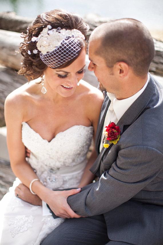زفاف - Bridal Blusher veil, Wedding Birdcage veil with lace and pearls, Bridal hair accessories, Lace Birdcage Veil