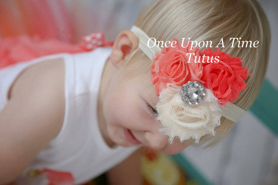 Mariage - Coral Ivory Shabby Flower Headband - Spring Rosette Hair Bow - Baby Girl or Toddler Hairbow Photo Prop - Easter Spring or Summer