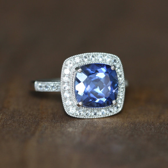 زفاف - Vintage Inspired Sapphire Halo Engagement Ring in 14k White Gold Cushion Sapphire Wedding Ring September Birthstone Ring, Size 7 (Resizable)