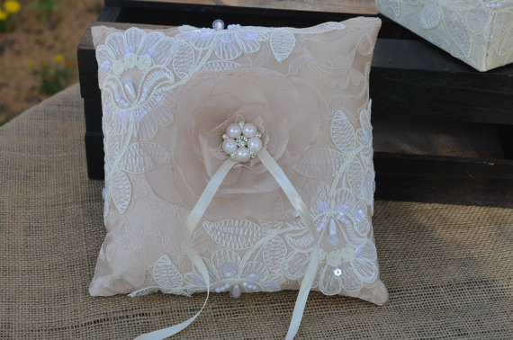 Mariage - Champagne and lace Ring Pillow-Alencon Lace-Cream, vintage style, ring holder, ring bearer, custom ring cushion, pearl brooch