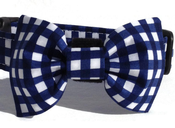 Wedding - Dog Bow Tie in Navy and White Gingham Check for Small to Large Dogs