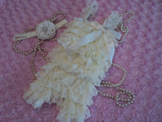 Hochzeit - Ready to ship new baby girl baptism wedding medium ivory petti lace ruffle romper w/headband and satin rosette with rhinestones & pearls.