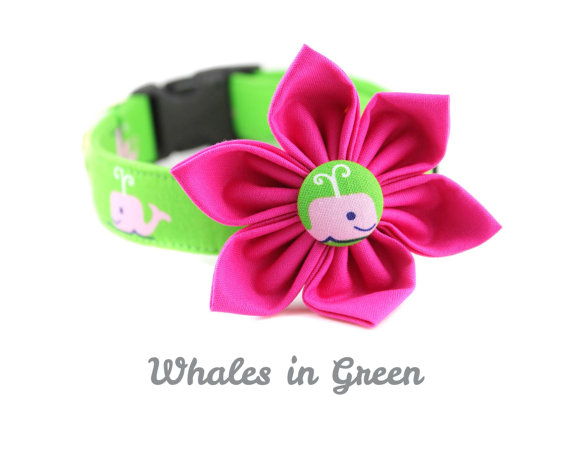 Wedding - Pink and Green Dog Collar with Flower - Whales in Green - Nautical Dog Collar