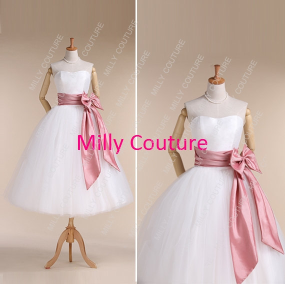 Wedding - strapless 1950s inspired tulle wedding dresses, short bridal gown, wedding dress tea, tutu wedding dresses, 1950s tea gown, Princess