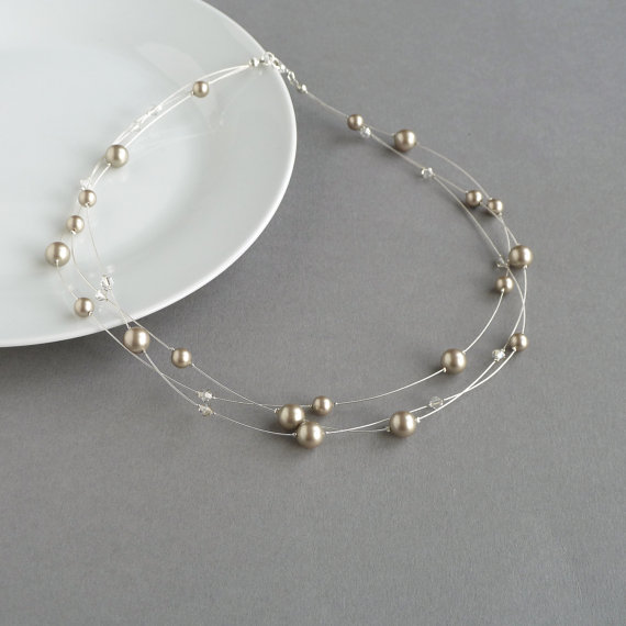 زفاف - Taupe Multi-strand Necklace - Champagne Bridesmaids Gifts - Beige Floating Pearl Necklaces - Bridal Party Gifts - Platinum Wedding Jewellery