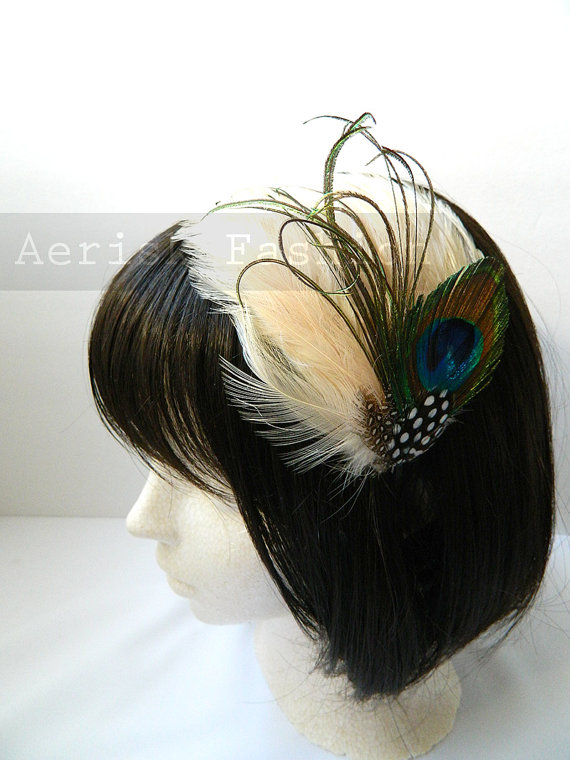 زفاف - IVORY Peacock feather derby fascinator - Tara Design  - CHOOSE headband, hair clip, or comb