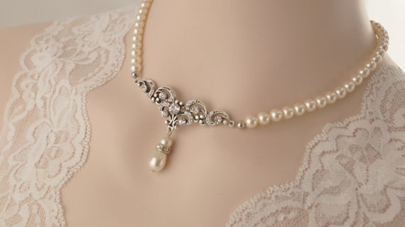 Hochzeit - Bridal necklace -Antique silver vintage inspired art deco Swarovski crystal rhinestone bridal necklace -Swarovski crystal and pearl necklace