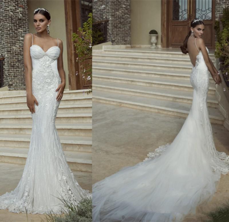 Mariage - Backless Sexy 2015 Wedding Dresses With Spaghetti Appliques Mermaid Chapel Train Lace Tulle New Arrival Customed Galia Lahav Bridal Gowns Online with $115.3/Piece on Hjklp88's Store 