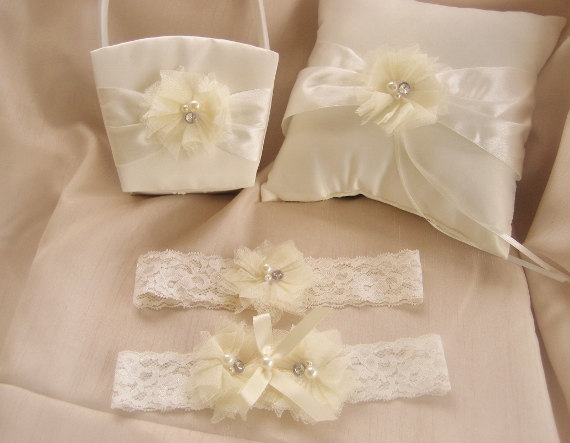 Wedding - SALE -  Flower Girl Basket ..  Wedding Garter .. Wedding Ring Pillow ..   Pink, Aqua,  Ivory or all white