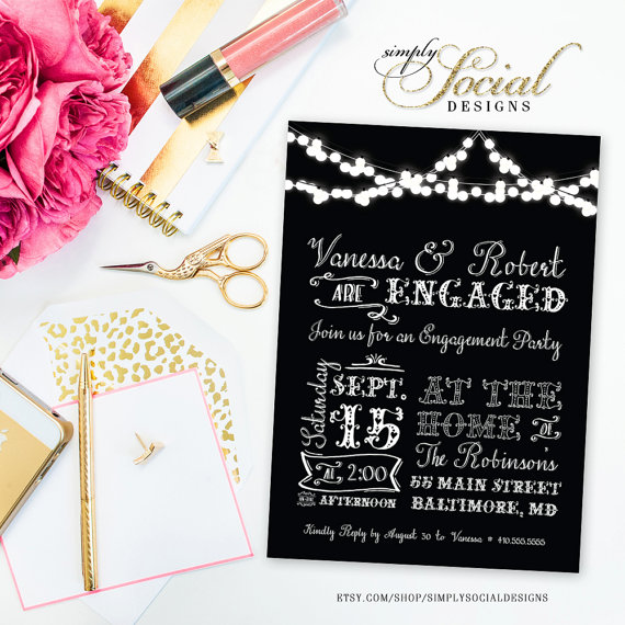Mariage - Twinkling Fairy Lights Engagement Party Invitation Black and White Typography