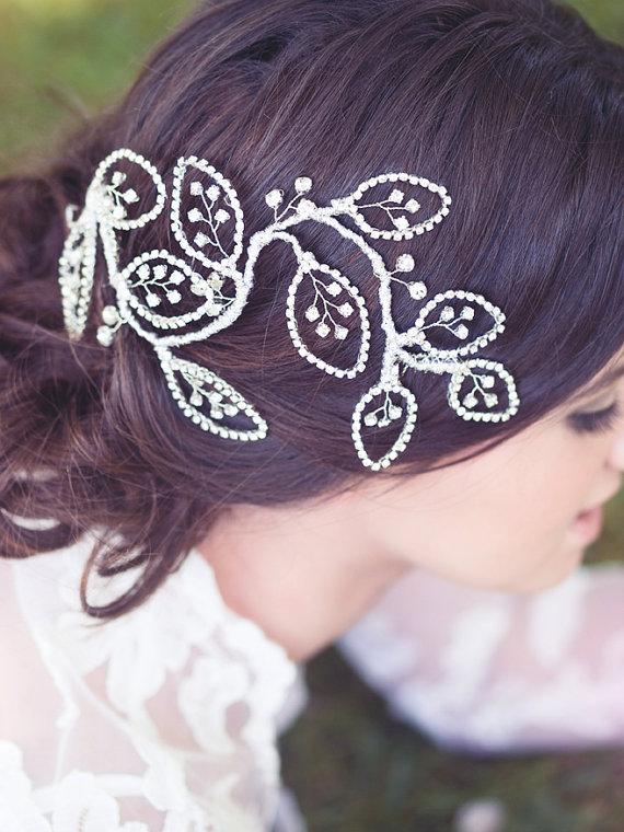 Wedding - Bridal leaf headpiece, wedding hair vine, crystal hair brooch, jeweled hair comb, rhinestone hairpiece, bride hair accessory - Reneè