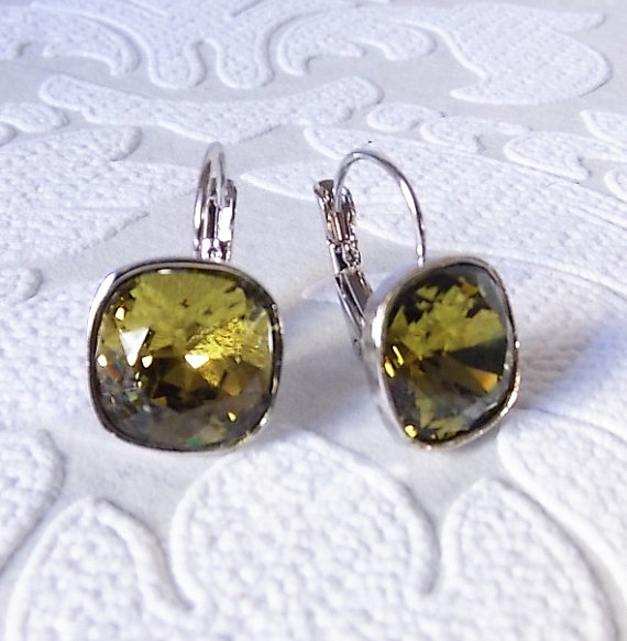 Hochzeit - Khaki Olive Green Leverback Earrings made with Cushion Cut Swarovski Crystal Stones - Bridesmaid Wedding Jewelry