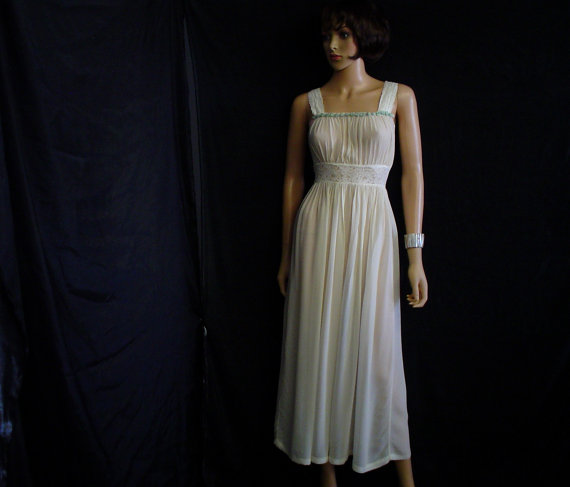 زفاف - 30's XS Silk & Lace Handmade Nightgown Lingerie Bone White