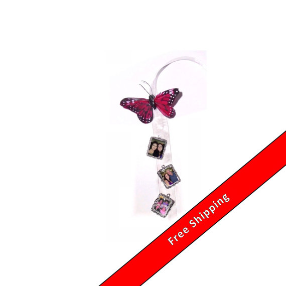 Свадьба - DIY - Bouquet Charms - 3 Wedding Bouquet Charms Silver Fuchsia Pink Butterfly - FREE SHIPPING