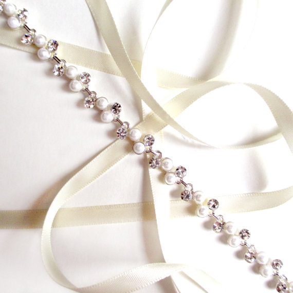 Hochzeit - Pearl and Rhinestone Bridal Headband or Thin Belt - Wedding Headband - Satin Ribbon Tie - Silver and Crystal - Extra Long Wedding Dress Belt