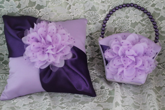 Mariage - Lavender and Purple Ring Bearer Pillow and Flower Girl Basket with Lavender Organza Layered Flower with Purple Polka Dots