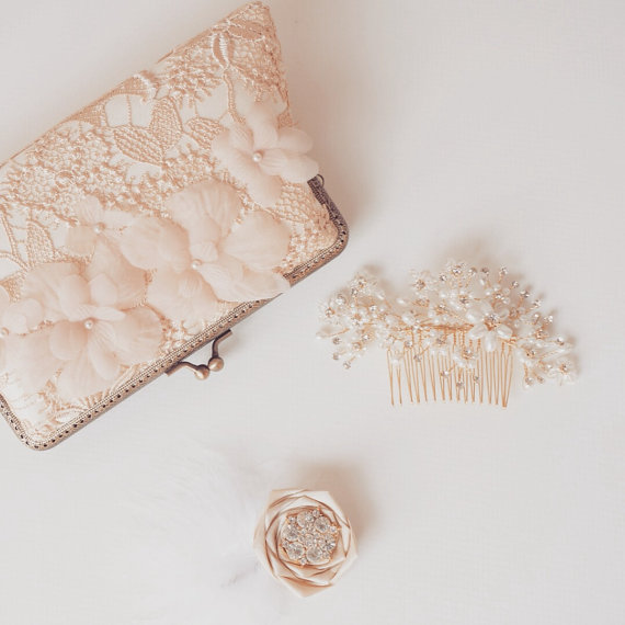 زفاف - Glamour Blush Gold wedding Lace Silk Clutch, Fall wedding, Vintage inspired , wedding bag, bridesmaid clutch, Bridal clutch