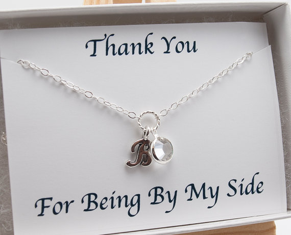Wedding - Necklace with Card, Thank you For Being by my Side, Bridesmaids Jewelry Wedding Necklace, Personalized Initial Necklace, Bridal Party Gift
