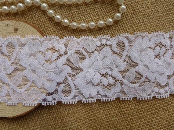 Wedding - 2.16" wide White Stretch Lace Trim with Rose, Elastic Lace Headband, Wedding Garters, Baby Christening, Lingerie