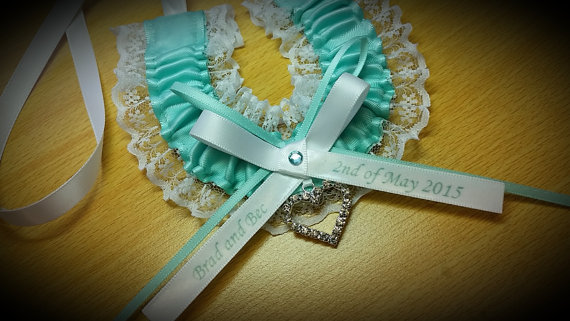 Mariage - tiffany aqua blue and white or ivory lace personalized Lucky horse shoe with diamante heart