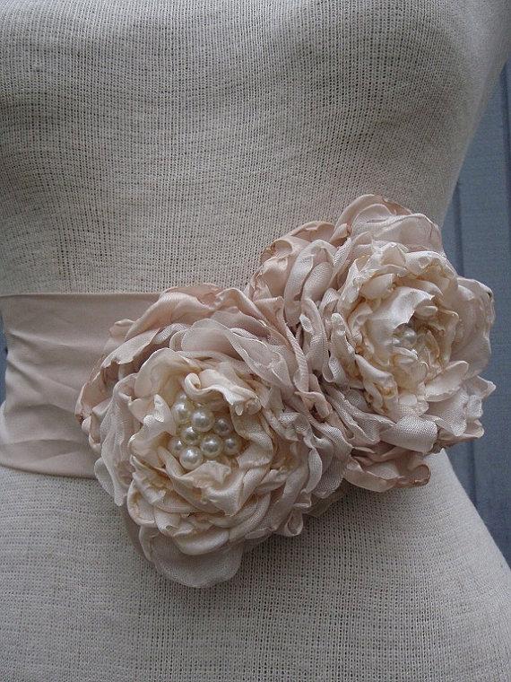 Hochzeit - free shipping wedding Sash With two  Unique Design Flowers champagne