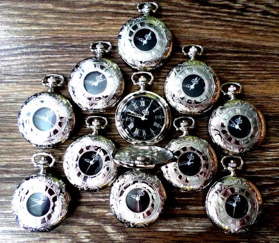 Hochzeit - Pocket Watch Set of 12 Silver Quartz with Vest Chains Clearance Groomsmen Gift Grooms Corner Personal Keepsake Ships from Canada