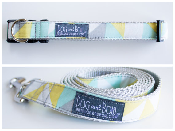 Hochzeit - Geometric Mint Dog Collar with Optional Leash by Dog and Bow