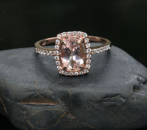 زفاف - Cushion Halo 14k Rose Gold 8x6mm Morganite Oval and Diamonds Wedding or Engagement Ring (Choose color and size options at checkout)