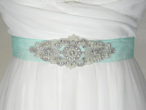 Mariage - Aqua Bridal Sash - Bridal Belt - Wedding Belt - Pearl and Rhinestone Beaded Belt, Bridesmaid Dress Satin or Sheer Organza Sash - SOFIA