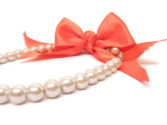 Wedding - Designer Dog Collar - Silver Pearl Dog Necklace and Coral Satin bow - Dog bling, pearl dog collar